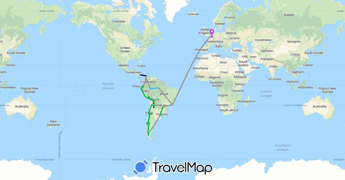 TravelMap itinerary: driving, bus, plane, cycling, train, boat, hitchhiking in Argentina, Belgium, Bolivia, Brazil, Chile, Colombia, Ecuador, Netherlands, Peru (Europe, South America)